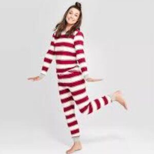 NWT Burts Bees organic cotton Red Cream Rugby Stripes 2 pc Pajamas Family PJs XS